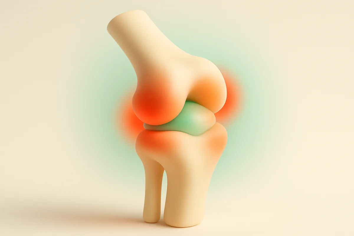 Esquema de la articulación de la rodilla con las zonas de tensión marcadas en naranjo