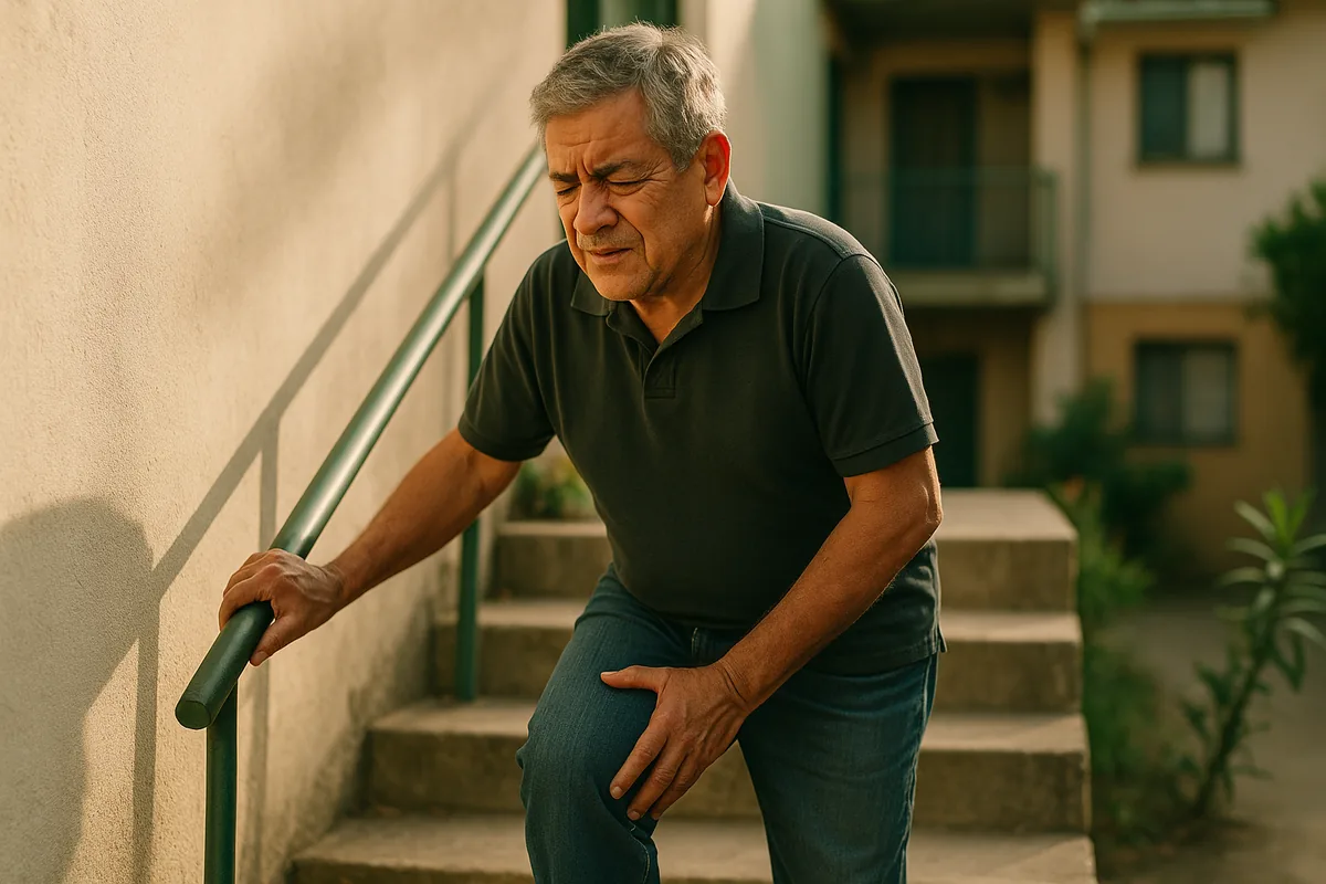 Hombre de unos 60 años se detiene en la escalera y se sujeta la rodilla con la mano