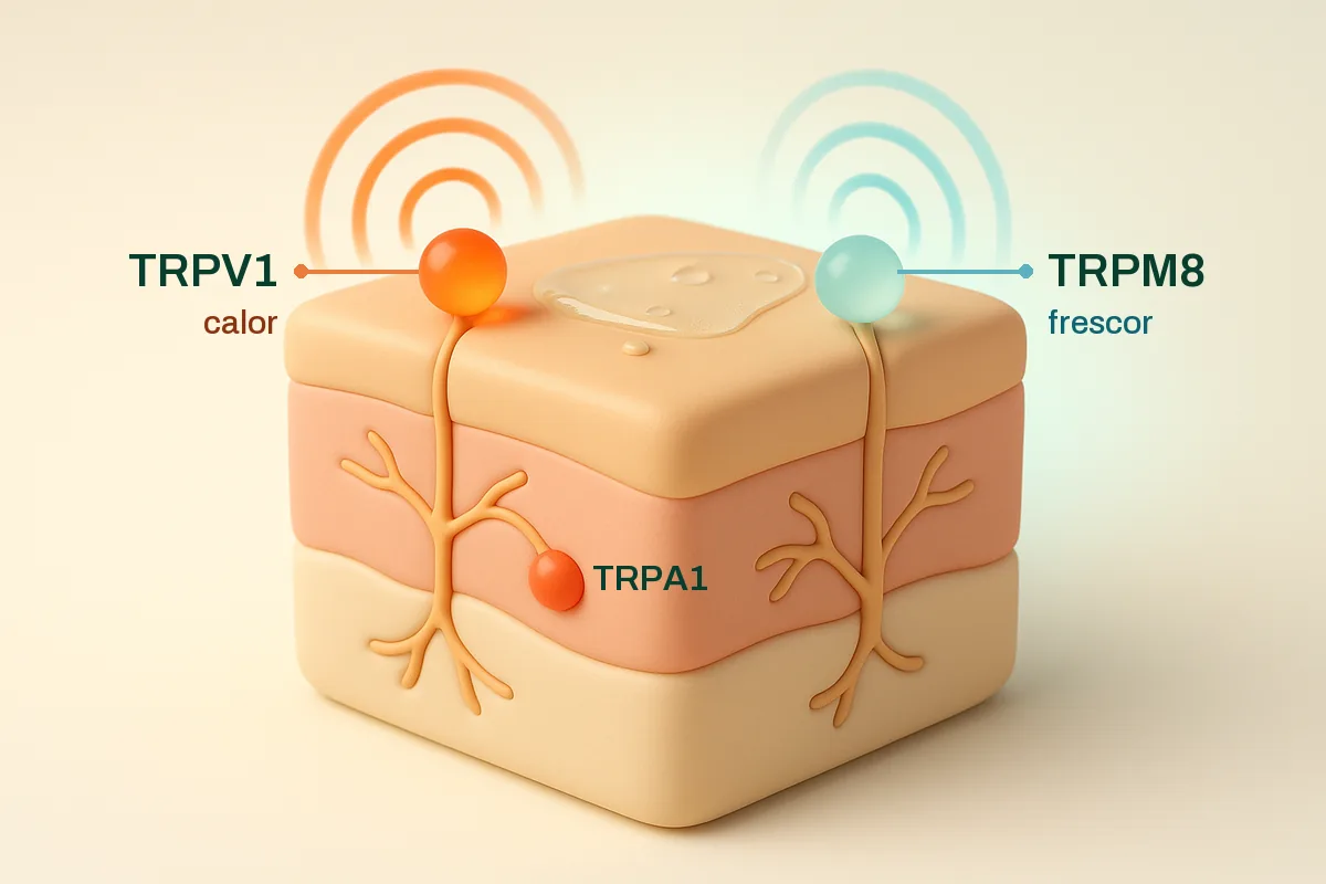 Esquema de las capas de la piel con los receptores TRPV1 de calor, TRPM8 de frescor y TRPA1 en la dermis, rotulados sobre la ilustración