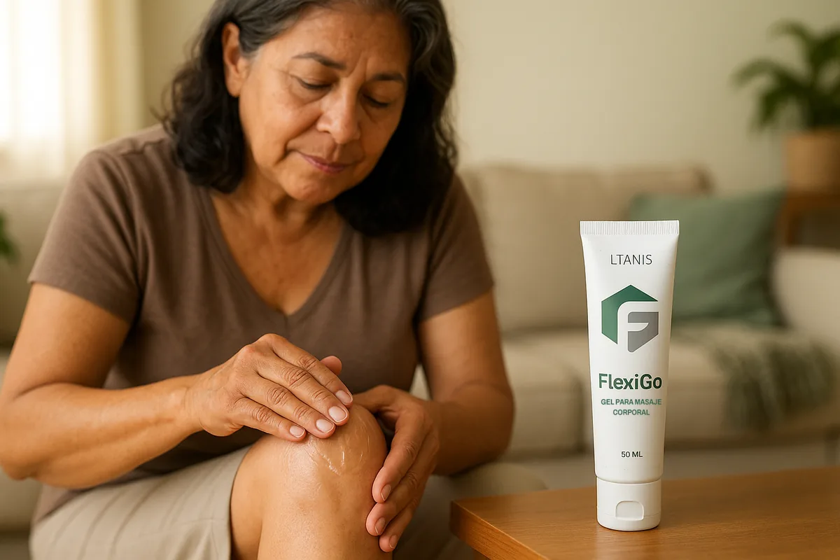 Mujer de unos 55 años aplica el gel FlexiGo sobre su rodilla en el living de su casa