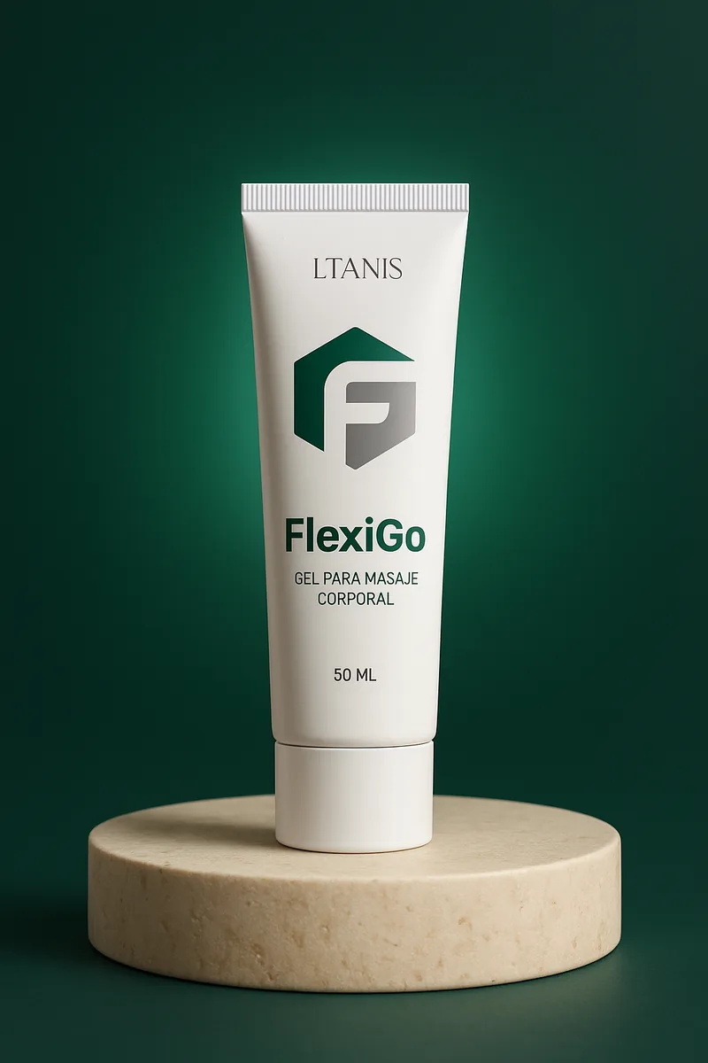 Tubo oficial de FlexiGo, gel para masaje corporal de 50 ml, sobre un podio con luz cálida